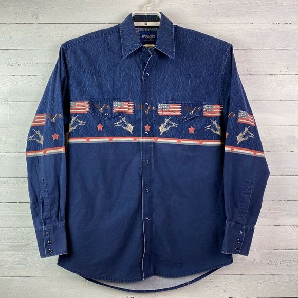 Wrangler Other - Wrangler Western Pearl Snap Shirt Blue Bull Riding